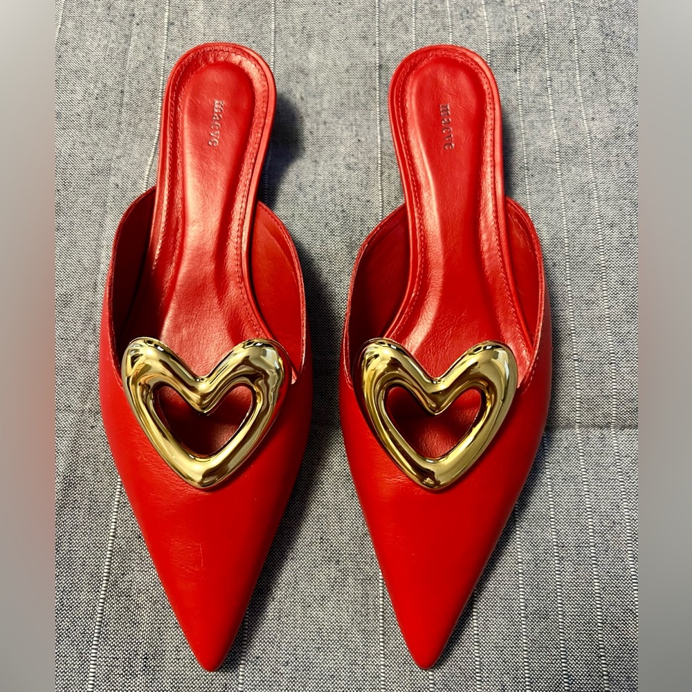 Maeve brand Red pointed kitten heel mules with gold heart detail